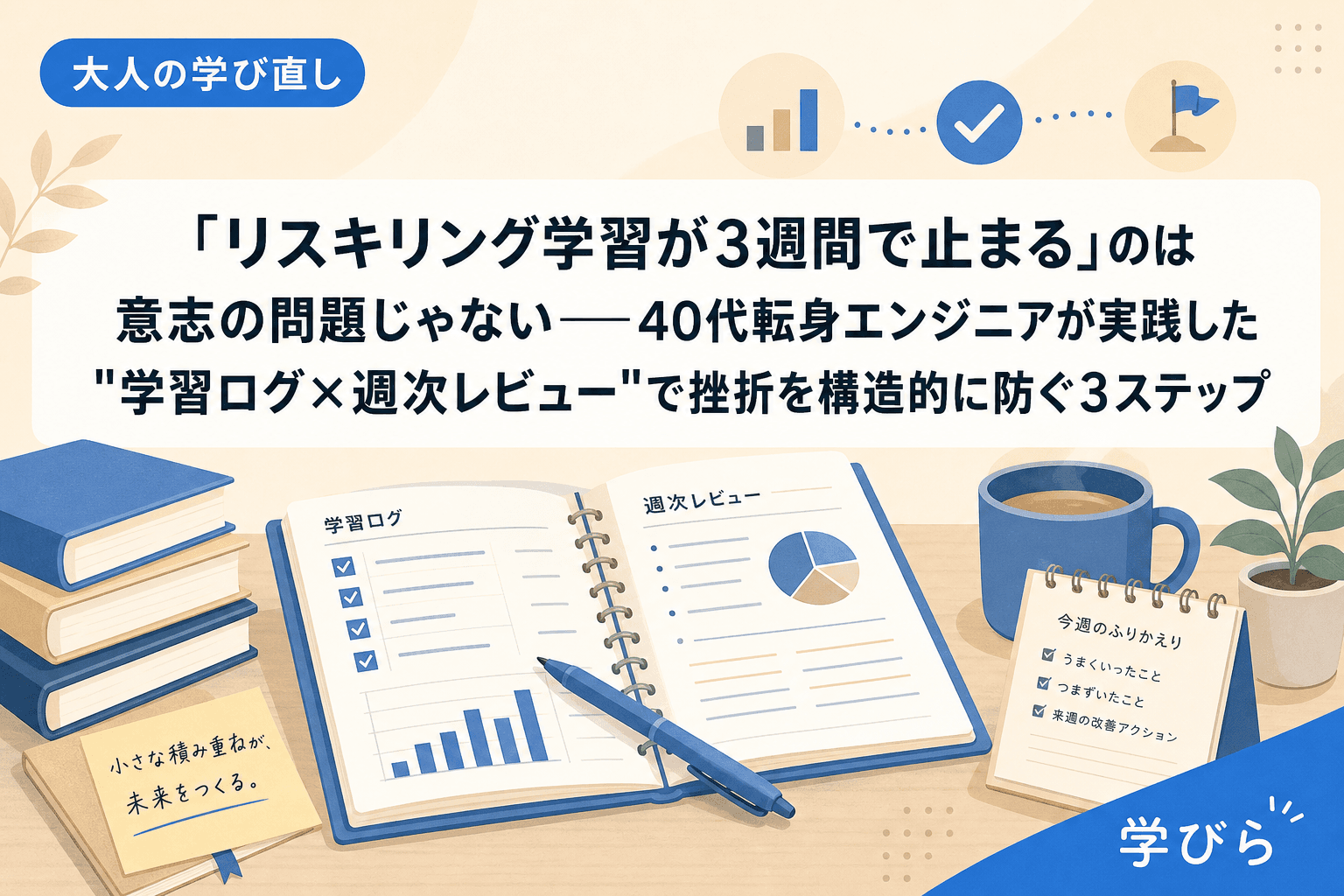 「リスキリング学習が3週間で止まる」のは意志の問題じゃない――40代転身エンジニアが実践した"学習ログ×週次レビュー"で挫折を構造的に防ぐ3ステップ
